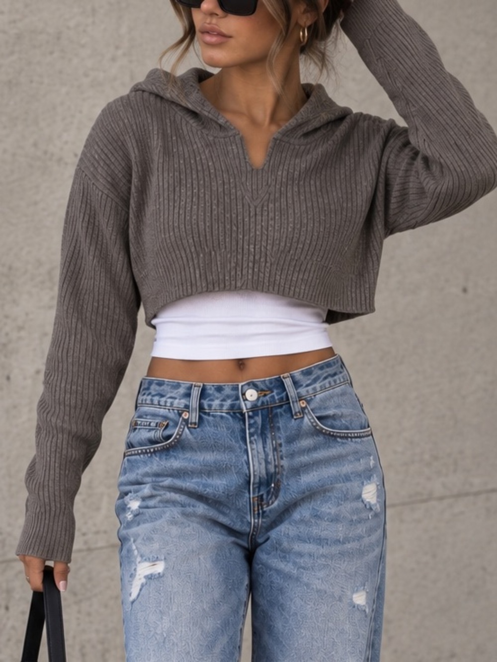 Forever 21 Cropped Ribbed Knit Hooded Sweater Gray V Neck Long Sleeve Large